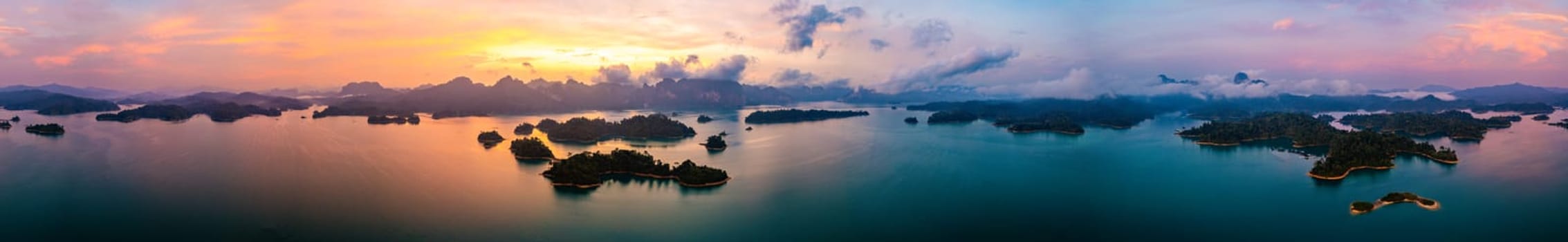 Aerial view of Khao Sok national park at sunrise, in Cheow lan lake, Surat Thani, Thailand, south east asia
