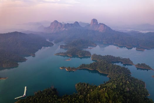 Aerial view of Khao Sok national park at sunrise, in Cheow lan lake, Surat Thani, Thailand, south east asia