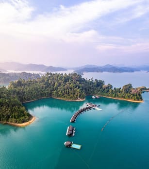 Aerial view of Khao Sok national park at sunrise, in Cheow lan lake, Surat Thani, Thailand, south east asia