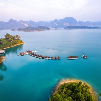 Aerial view of Khao Sok national park at sunrise, in Cheow lan lake, Surat Thani, Thailand, south east asia