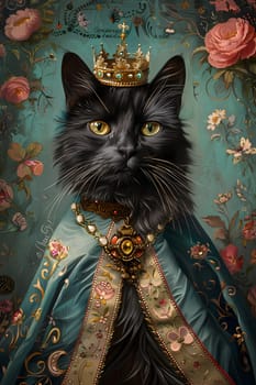 A Felidae, carnivorous cat with whiskers, iris, and snout, is adorned in a regal crown and robe of intricate artistry, showcasing its fur pattern