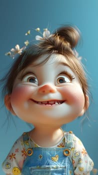 The toddler is happily smiling with flowers in her hair, wearing overalls. Her cheeks are rosy, and her eyes are sparkling with joy