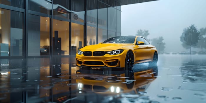 A bright yellow BMW M4 sits in the rain, parked in front of a building. Its sleek wheels and tires glisten with water, showcasing the cars impressive grille and headlamps