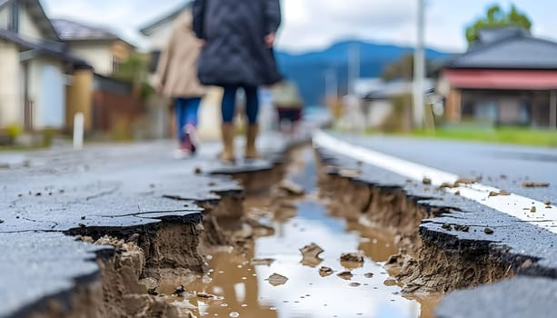 Two individuals are strolling along a muddy road in a residential area, passing by buildings. The road surface is wet, and they carefully navigate around potholes and slippery spots