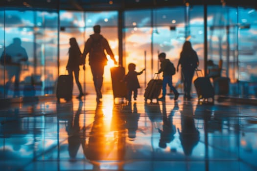 A family of four is walking through an airport with their luggage. The image has a warm, nostalgic feeling, as if it were taken during a sunset. The people are silhouetted against the bright light