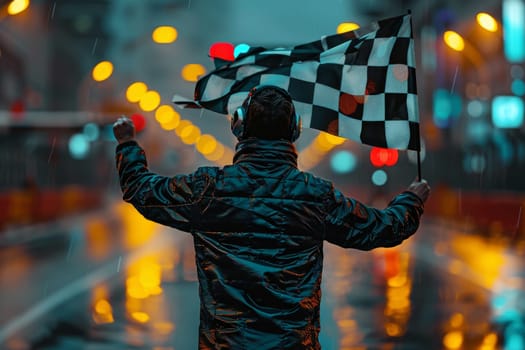 A man holding a checkered flag in a race track. The image has a mood of excitement and anticipation