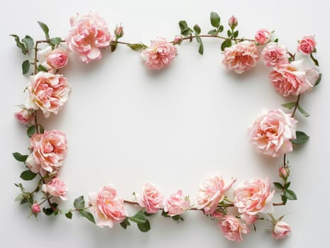 Pale pink roses and petals arranged in circular frame on white background, romantic floral design with copy space, top view. Ai generation. High quality