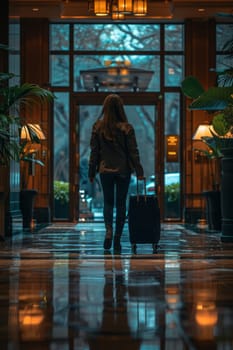 A woman is walking down a hallway with a suitcase. The hallway is very bright and has a lot of windows