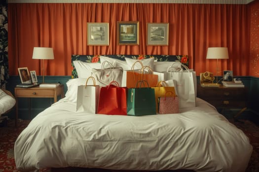 Many Shopping bag on hotel bed. shopping concept.