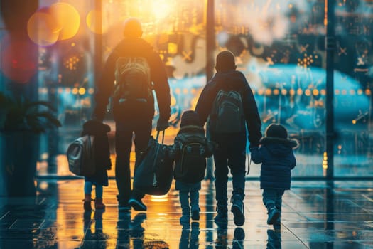 A family of four is walking through an airport with their luggage. The image has a warm, nostalgic feeling, as if it were taken during a sunset. The people are silhouetted against the bright light