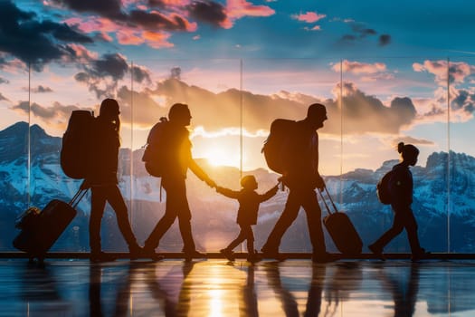 A family of four is walking through an airport with their luggage. The image has a warm, nostalgic feeling, as if it were taken during a sunset. The people are silhouetted against the bright light