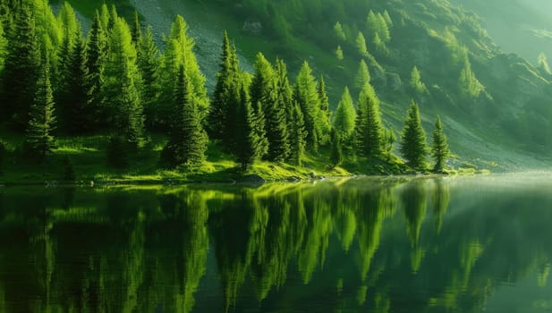 Serene mountain lake in morning light with misty coniferous forest