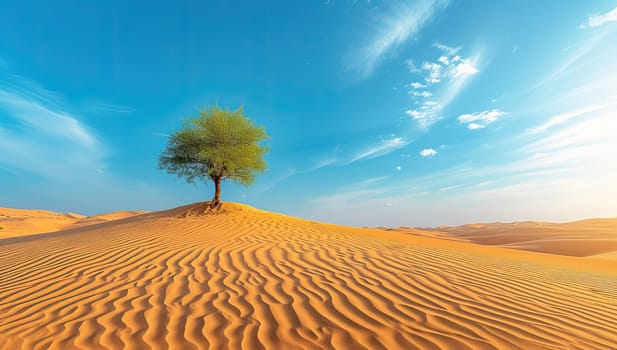 Solitary tree amidst vast golden sand dunes under clear blue sky