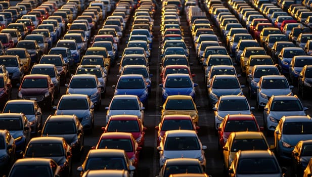 New cars parked in distribution center at sunset