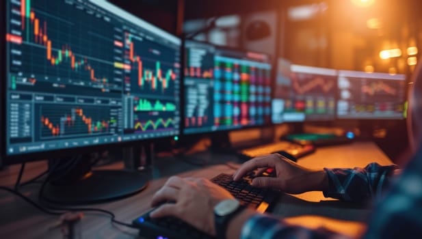 Close up of male hands typing on computer keyboard. Stock market or forex trading concept.