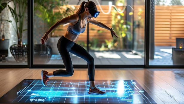 Fitness woman in sportswear running at home with virtual reality headset.