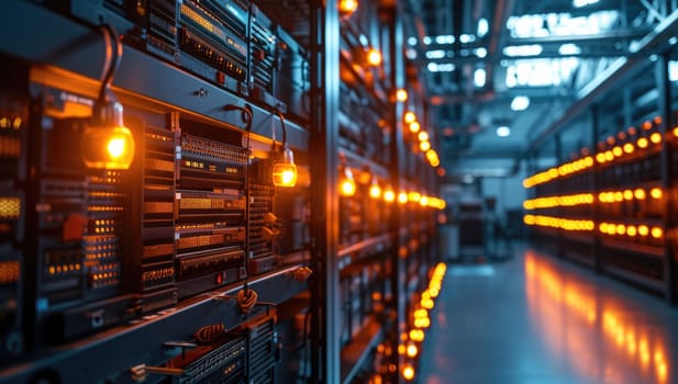 server room data center with rows of server racks for digital data storage.