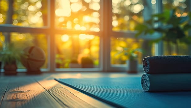 Yoga mat on a wooden floor in front of the window.