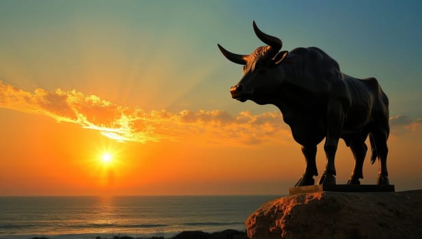 Bull statue symbolizing bullish trading against a vibrant ocean sunset