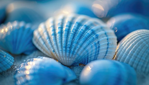 Blue seashells scattered on sandy beach