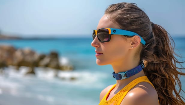 Young woman in yellow swimsuit and sunglasses at the beach