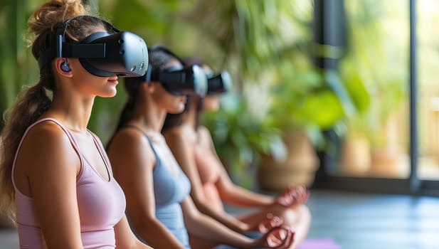 Group of young women wearing virtual reality headsets while practicing yoga at home