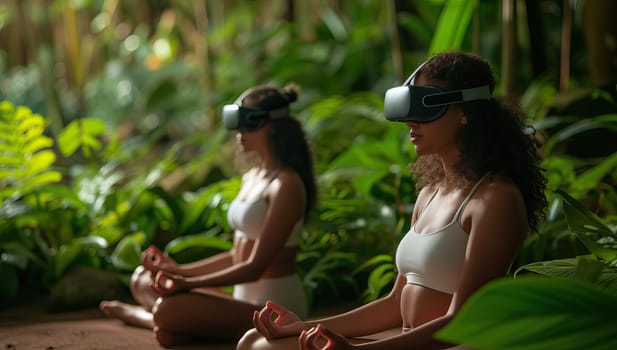 Two young women practicing yoga in virtual reality glasses in the jungle.