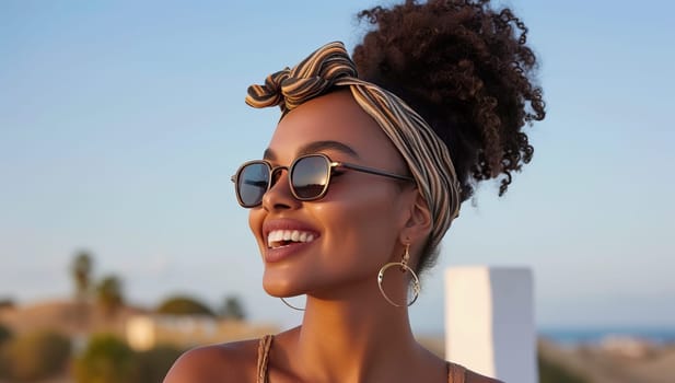 Portrait of a beautiful african american woman with afro hairstyle in sunglasses.