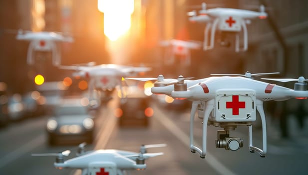 Medical drones flying in urban sunset