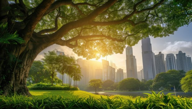 Sunset illuminates a green city park with modern skyscrapers in the background