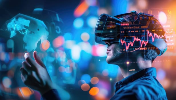 Young man immersed in virtual reality experience