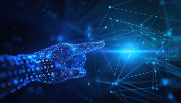 Human hand pointing at binary code hologram