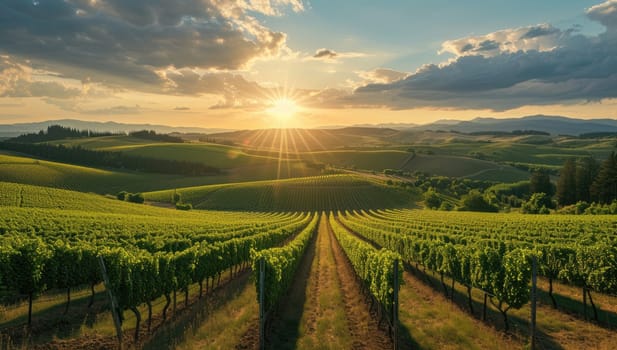 Breathtaking view of a lush vineyard bathed in the golden hues of sunset