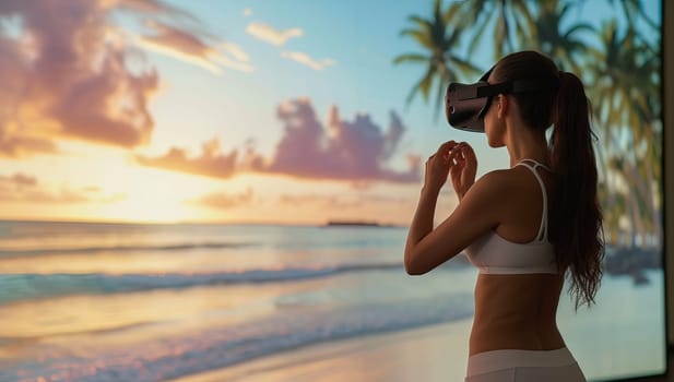 Woman wearing virtual reality goggles on the beach at sunrise or sunset.