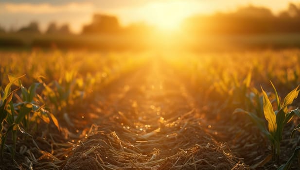 Sunset or sunrise over young corn growing on a field in summer