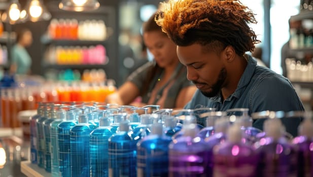 African American man choosing hair dye in barbershop