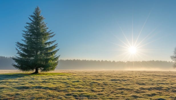 Lone coniferous tree in a foggy meadow at sunrise