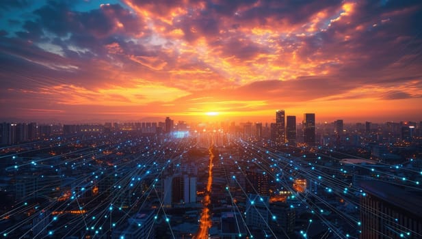 Aerial view of modern city at sunset with network connection concept.