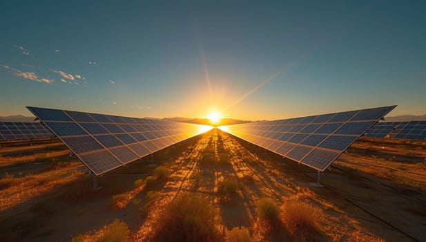 Solar panels harnessing energy during a stunning sunset