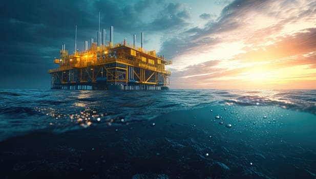 Offshore oil rig at sunset with dark ocean waves