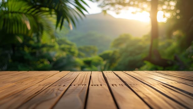 Wooden table top with blur background of nature garden and sunset.
