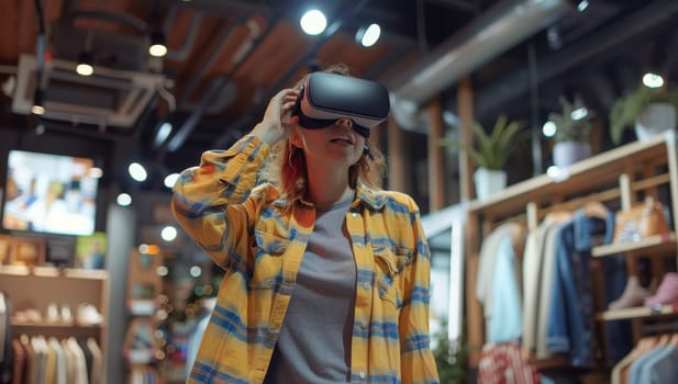 Woman explores virtual reality in modern store