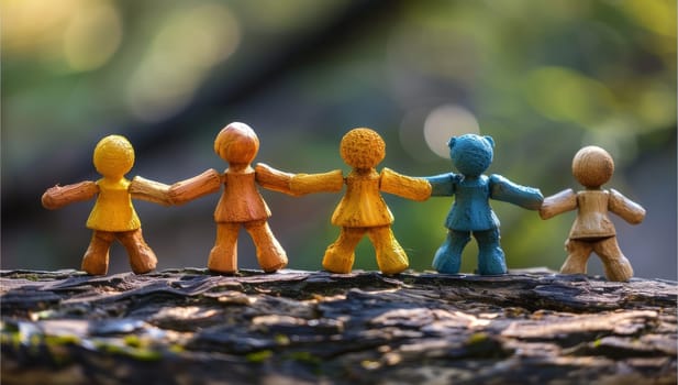 Group of plasticine people holding hands. Concept of friendship and unity.