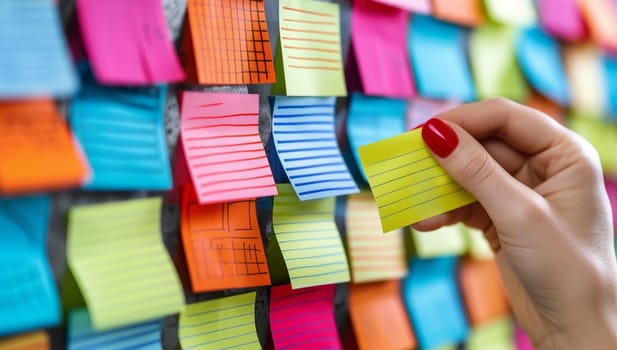 Closeup image of female hand holding colorful sticky notes on a wall