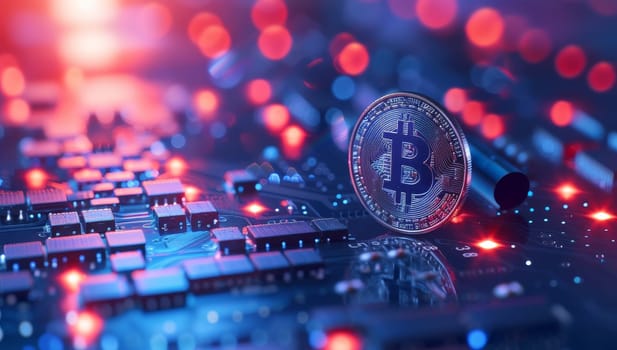 Bitcoin on the motherboard of the computer. The concept of cryptocurrency mining.