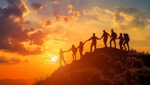 Silhouette of group of friends holding hands and standing on top of mountain during sunset