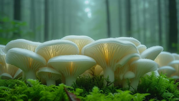 Illuminated mushrooms in a misty forest