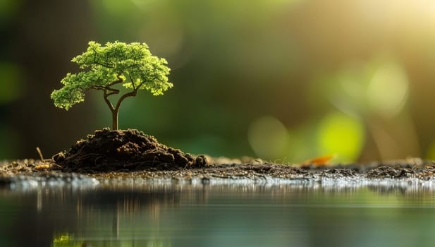 Small tree sprouts from soil against a backdrop of natural bokeh light