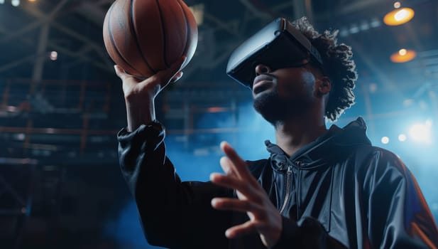 African american man in virtual reality headset playing basketball