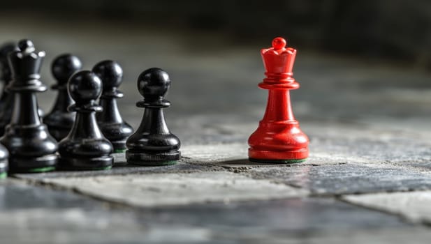 Black and red chess pieces on a stone floor. Concept of business strategy, leadership, success.